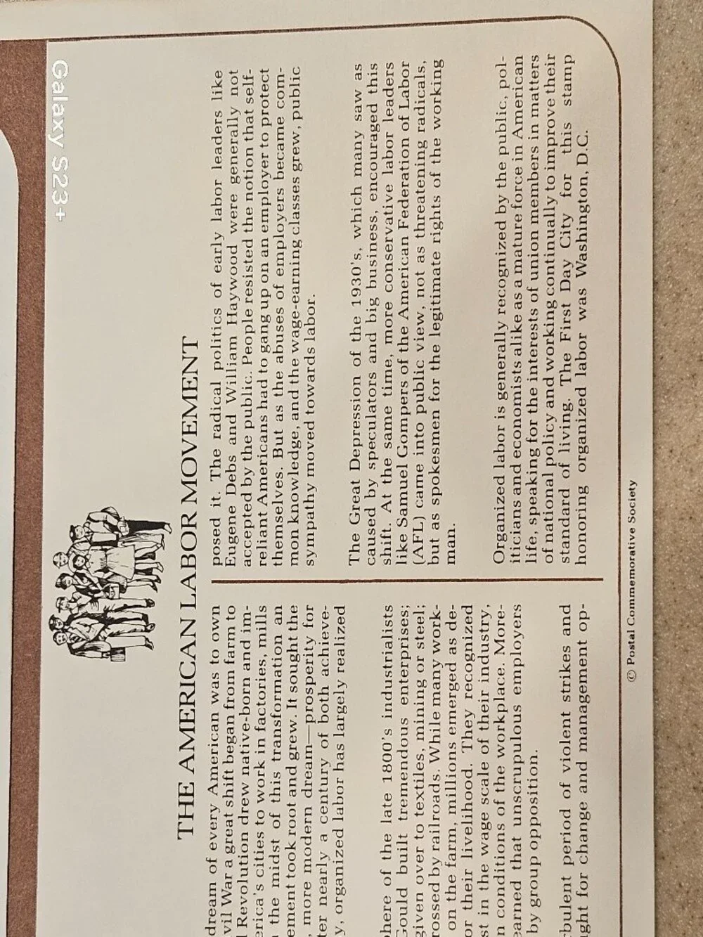 RARE COLLECTIBLE USPS 1ST DAY ISSUE ORGANIZED AMERICAN LABOR MOVEMENT STAMP FDC